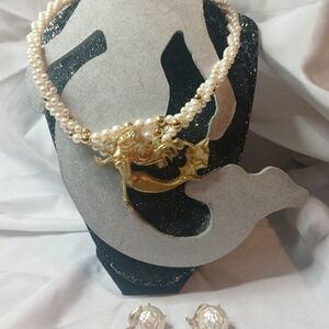 Elegant Gold Mermaid Pearl Necklace And Earrings